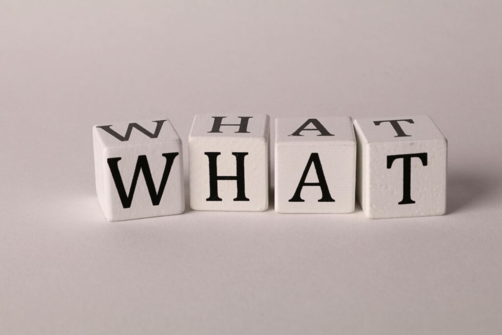 Close-up of wooden blocks with letters spelling 'What' on a white background, emphasizing curiosity and inquiry.